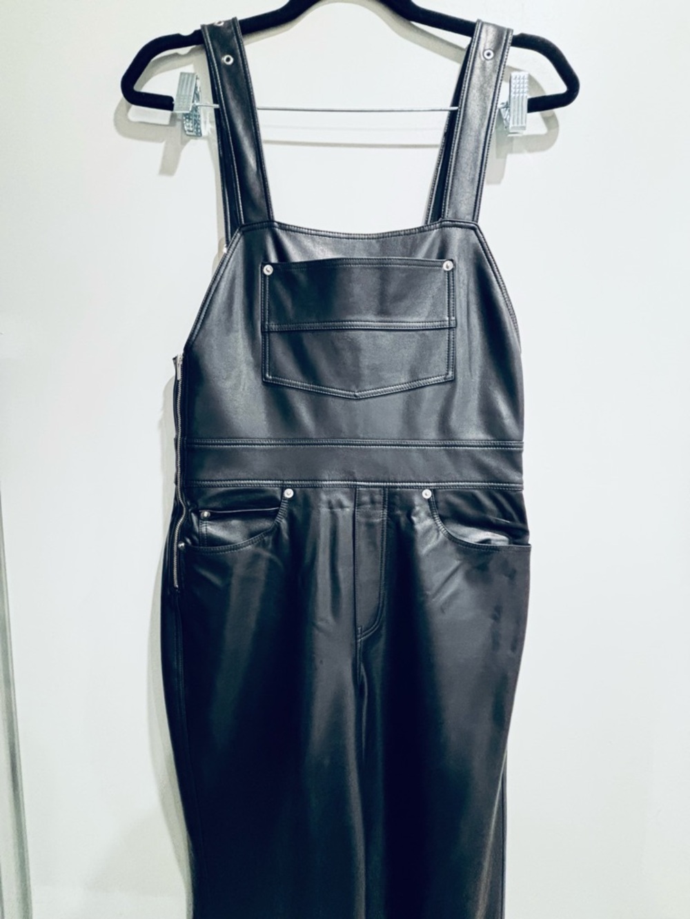 A.L.C. Black Faux Leather Overall Dress with Buckle Strap